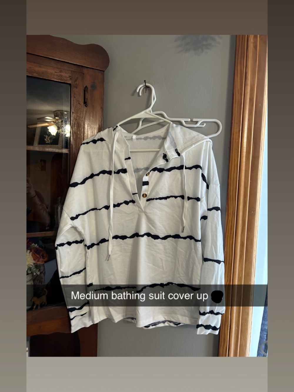 Striped Hooded Beach Cover-Up Top - White with Black Stripes